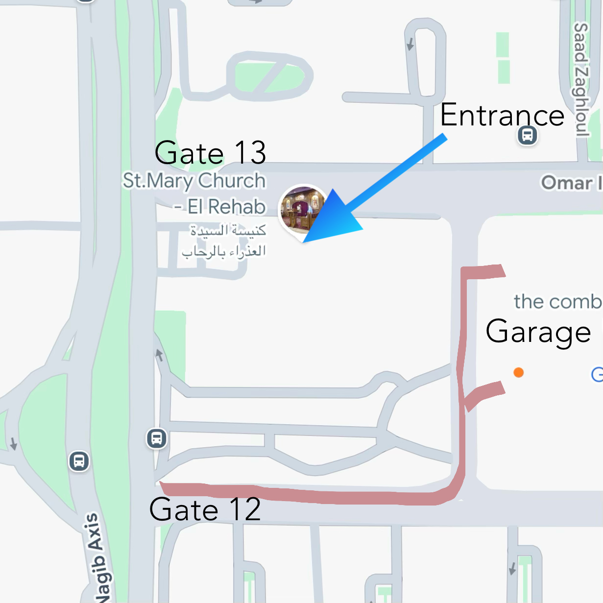 Map showing the garage behind St. Mary Church, with Gate 12 and Gate 13 marked